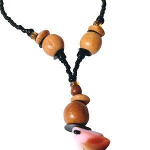 Vintage Boho Shell Bead Necklace Tan Wood Earthy Tones Exotic Beachy